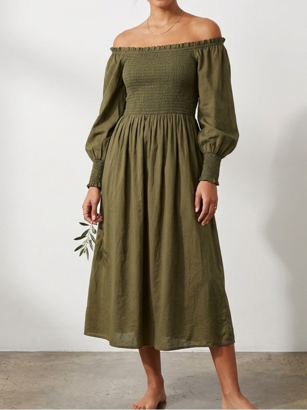 Olive Green Long Sleeve Smocked Midi Dress